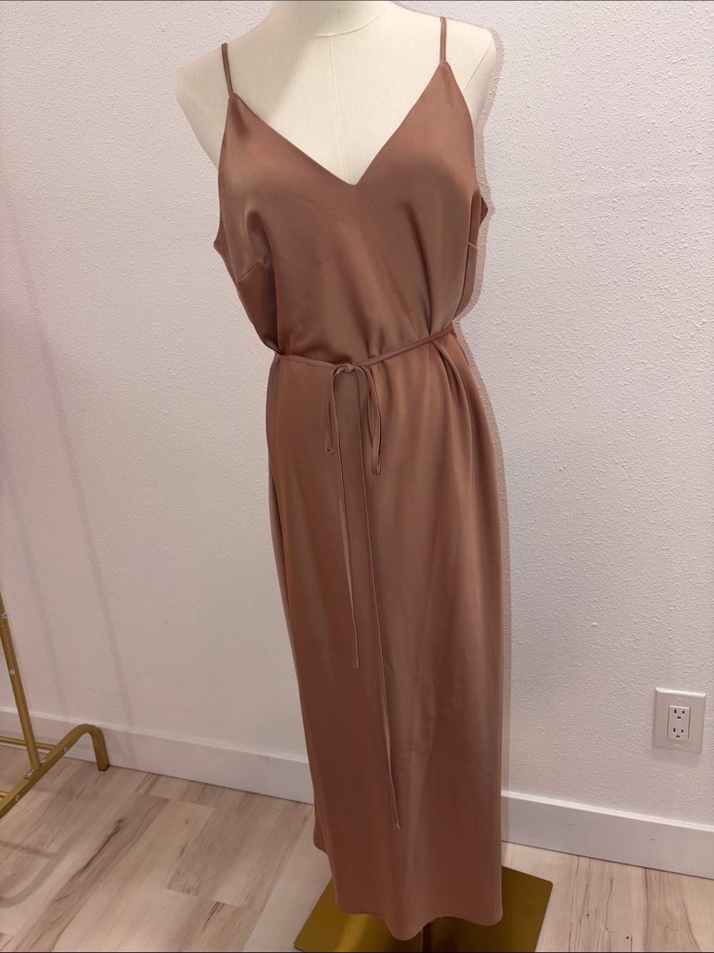 Satin Slip Maxi Dress with Waist Tie - Mauve Brown